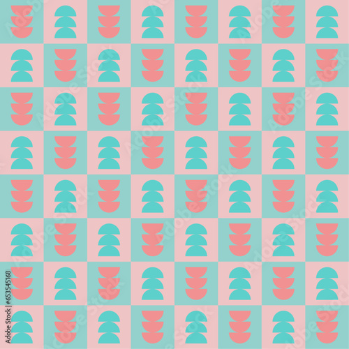 geometric shapes with chessboard seamless pattern in blue and pink