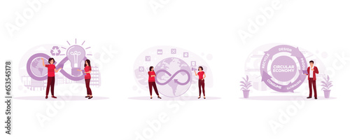 Exchange ideas about economics. Using binoculars to look at the circular economy. Examining economic turnover. Circular Economy concept. Set Trend Modern vector flat illustration