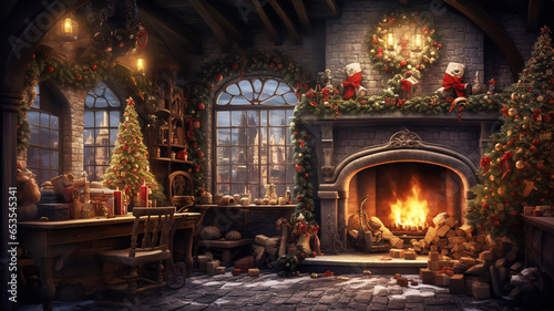 Fireplace with christmas decorations. AI generated