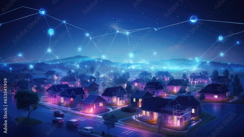 smart neighborhood of houses connected by internet, technology, social media. generative AI