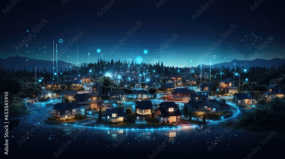 Obraz premium smart neighborhood of houses connected by internet, technology, social media. generative AI