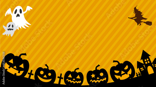 文字スペース付き、ハロウィンのかぼちゃと魔女のシルエット背景