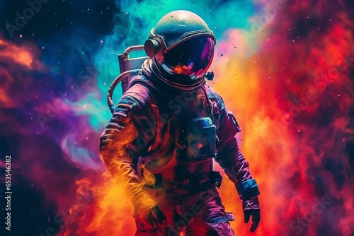 A futuristic astronaut in space with galaxy smoke and vibrant colors. Generative AI © Jemima