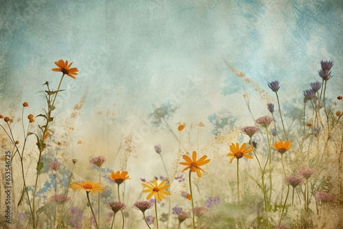 Summer wildflowers illustrated with textured background and layered design. Generative AI
