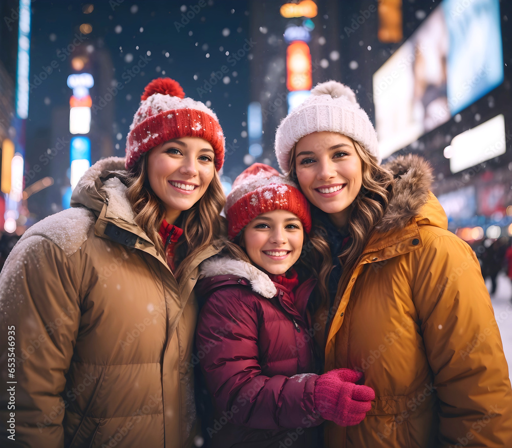 A group of happy sisters having fun in winter at night in the city.