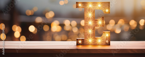 capital letter E christmas card with christmas decoration, gold background, logo