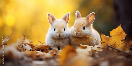cute rabbits in the autumn forest  golden leafs