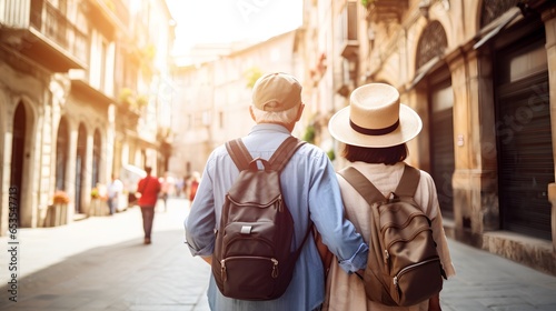A senior couple is seen from the back, exploring a bustling city on their travel tour. They are immersed in the urban landscape, taking in the sights and sounds of their surroundings.