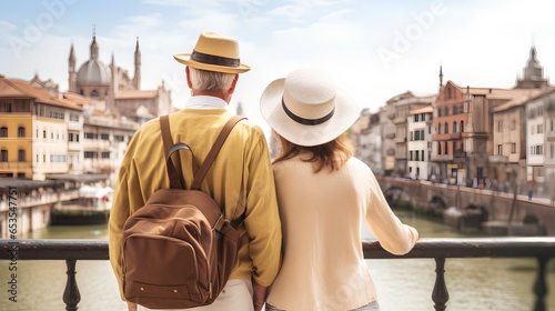 A senior couple is seen from the back, exploring a bustling city on their travel tour. They are immersed in the urban landscape, taking in the sights and sounds of their surroundings. © TensorSpark