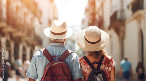 A senior couple is seen from the back, exploring a bustling city on their travel tour. They are immersed in the urban landscape, taking in the sights and sounds of their surroundings.