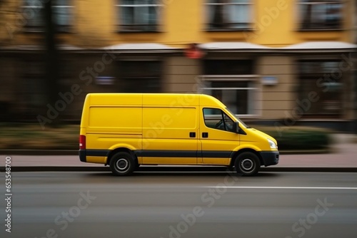fast-moving yellow delivery van on the road. Generative AI © David