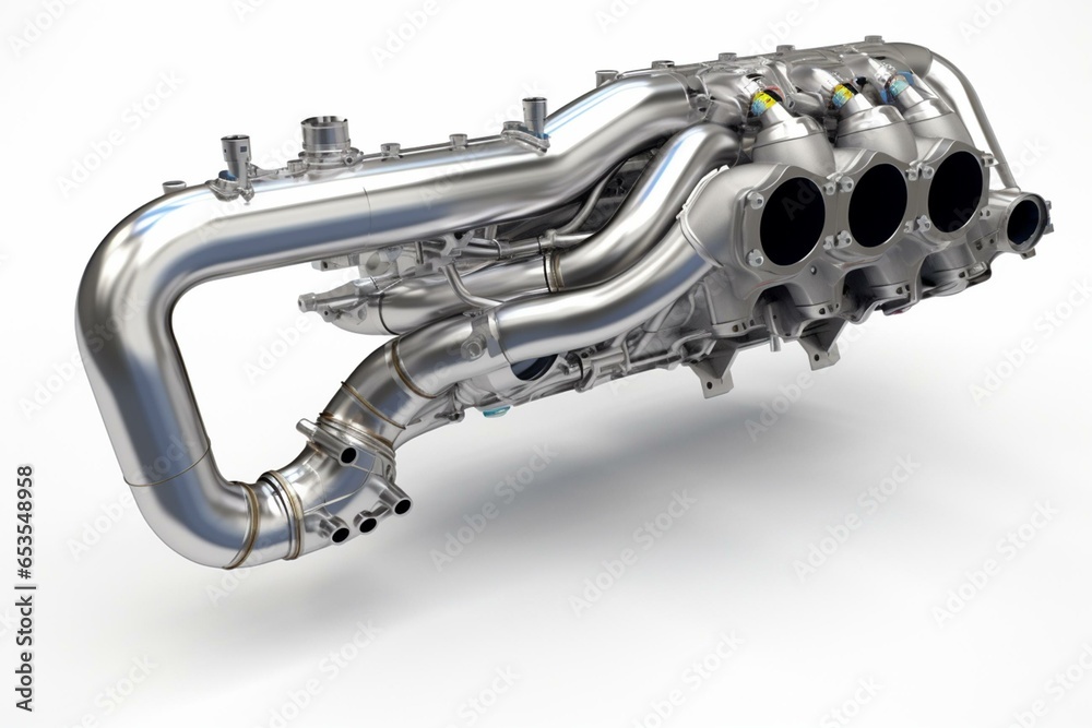 3D rendering of a vehicle's exhaust manifold on a white background. Generative AI - obrazy, fototapety, plakaty 