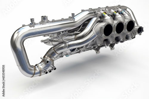 3D rendering of a vehicle's exhaust manifold on a white background. Generative AI photo