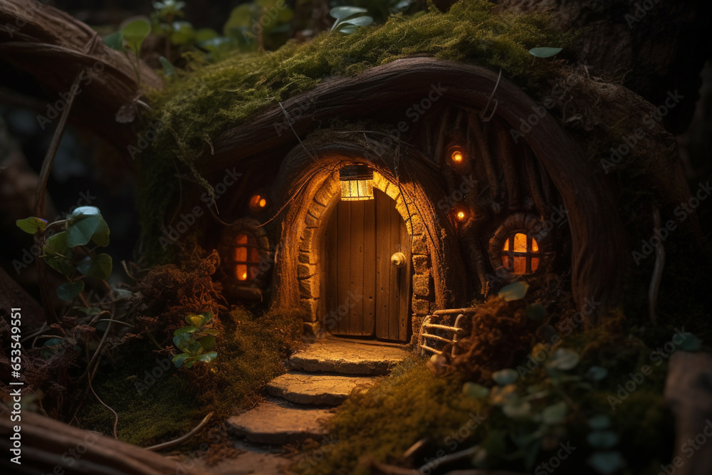 In an enchanted, overgrown garden, miniature doors in gnarled tree trunks lead to cozy, hidden homes where firefly families share stories by glowworm light.