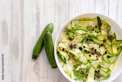 Top view of alternative vegetable homemade zucchini pasta. Zoodle.
