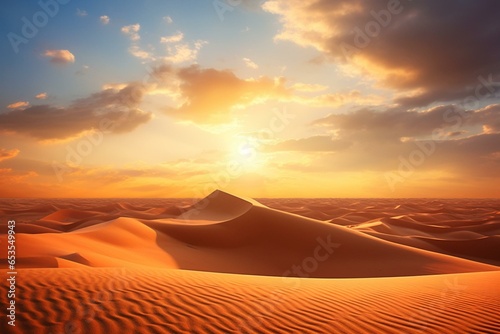 A stunning desert landscape with undulating sand dunes and a beautiful sky. Generative AI