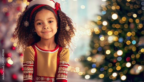 Niña Feliz en Navidad, rodeada de regalos y árbol de navidad