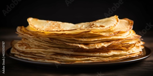 Thin crepes stacked and isolated on a clear black background, Generative AI. photo