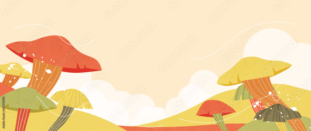 Autumn and country landscape background. Seasonal illustration vector of trees, mushroom, mountain, cloud with watercolor, brush texture. Design for for promotion, advertising, banner, card.