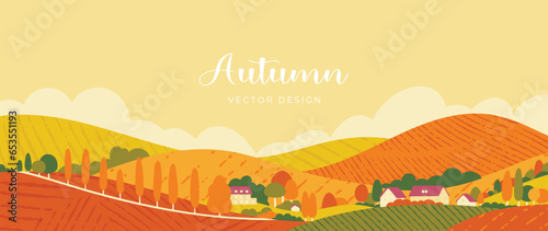 Autumn and country landscape background. Seasonal illustration vector of trees, village, hill, mountain, cloud with watercolor, brush texture. Design for for promotion, advertising, banner, card.