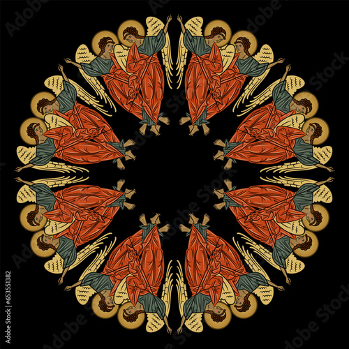 Round geometrical mandala with medieval angels.