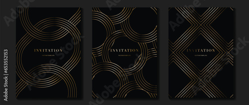 Luxury invitation card background vector. Golden elegant geometric pattern, gold line on dark background. Premium design illustration for wedding and vip cover template, grand opening.