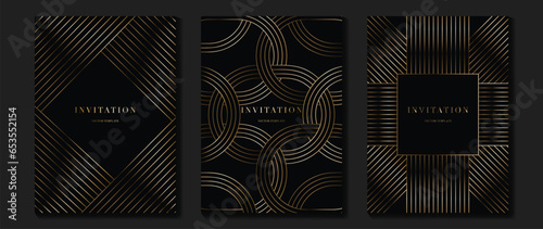 Luxury invitation card background vector. Golden elegant geometric pattern, gold line on dark background. Premium design illustration for wedding and vip cover template, grand opening.
