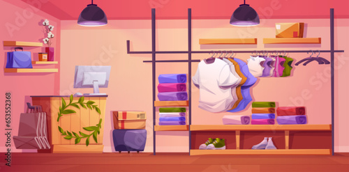 Cloth boutique interior with clothes and shoes organized on shelves and hanging on racks. Cartoon vector illustration of store room inside with cashier counter, male and female apparel and accessories