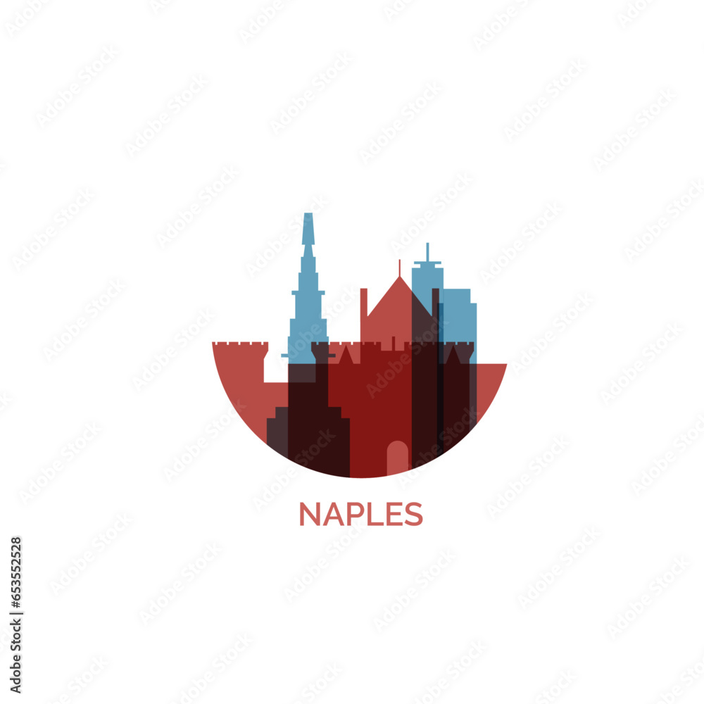 Italy Naples cityscape skyline capital city panorama vector flat modern logo icon. Campania Napoli region emblem idea with landmarks and building silhouettes	