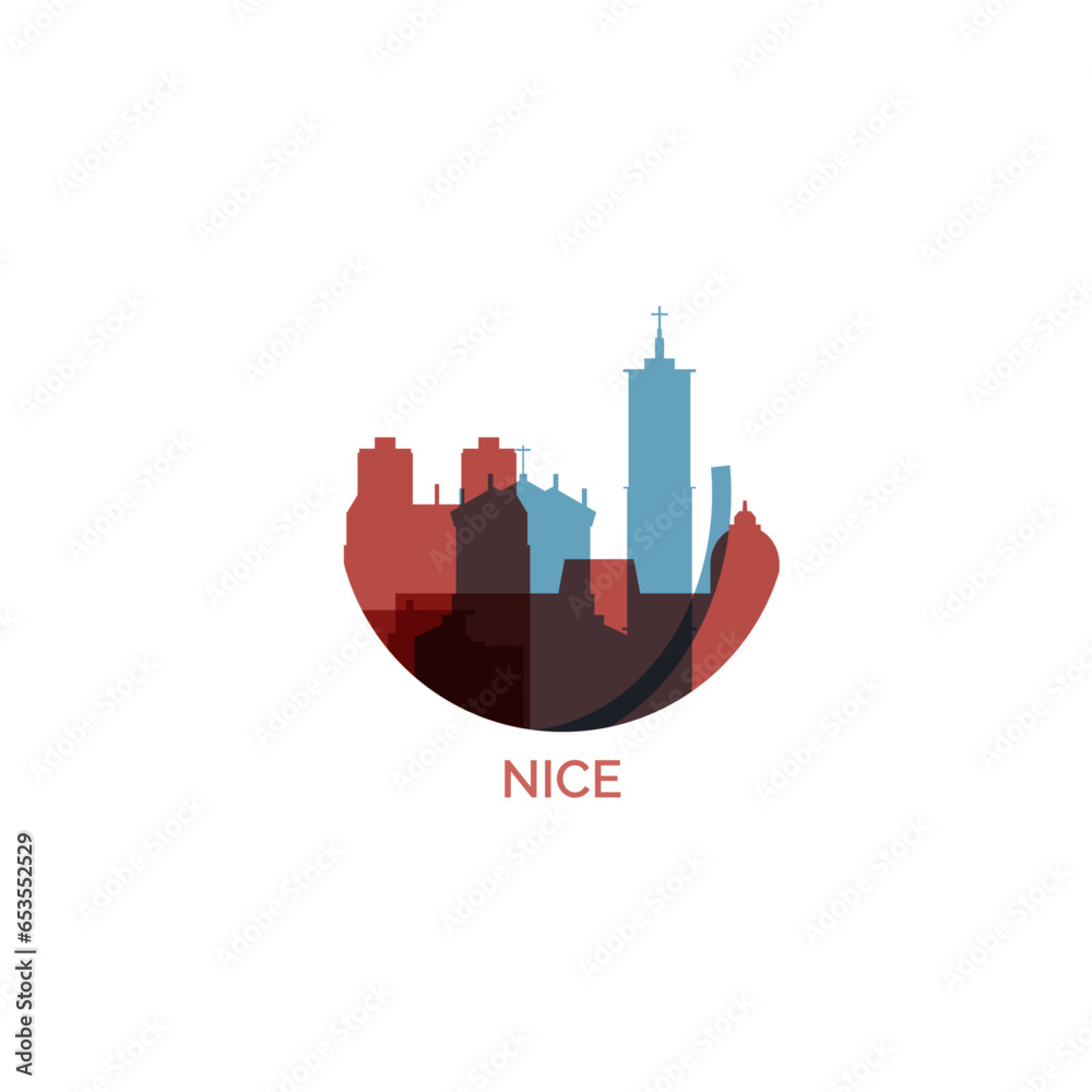 France Nice city cityscape skyline capital panorama vector flat modern logo icon. French Riviera town emblem idea with landmarks and building silhouettes France Nice city cityscape skyline capital panorama vector flat modern logo icon. French Riviera town emblem idea with landmarks and building silhouettes