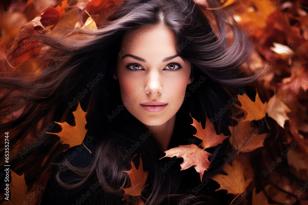 Fototapeta premium Beautiful fashion model woman face on autumn leafs, long black hair