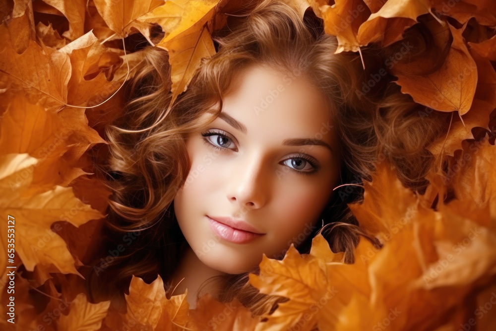 Beautiful fashion model woman face on autumn leafs, brunette girl