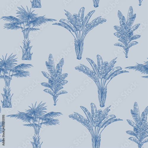SEAMLESS DRAWN HAND PAINTED FERN PALM TREE FLORAL TROPICAL ISLAND RESORT SKETCH INK DRAWING PATTERN SWATCH