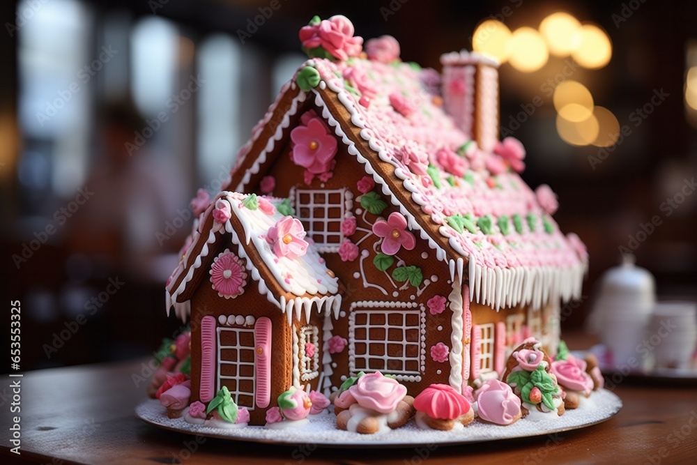Photo of a detailed gingerbread house centerpiece on a festive table created with Generative AI technology