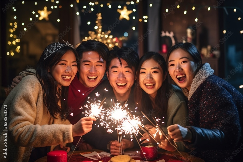 Group of happy Asian friends in warm clothes and playing fireworks outdoor party in winter. Group of happy Asian friends in warm clothes and playing fireworks outdoor party in winter.