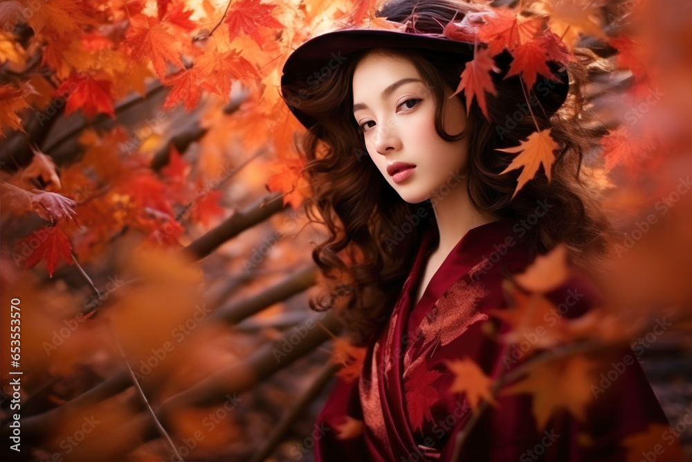 Japanese fashion model woman face on autumn leafs, long hair Japanese fashion model woman face on autumn leafs, long hair