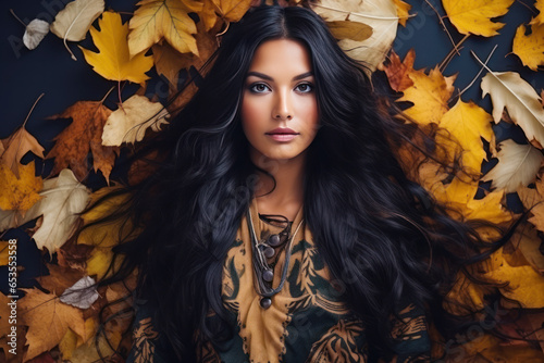 Indian fashion model woman face on autumn leafs, long black hair