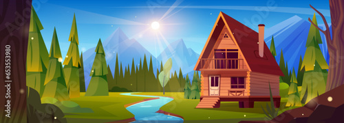 Wooden log house near mountain river. Vector cartoon illustration of nice cottage with porch, windows and chimney on roof, evergreen fir tree forest around, sun shining bright in cloudless blue sky