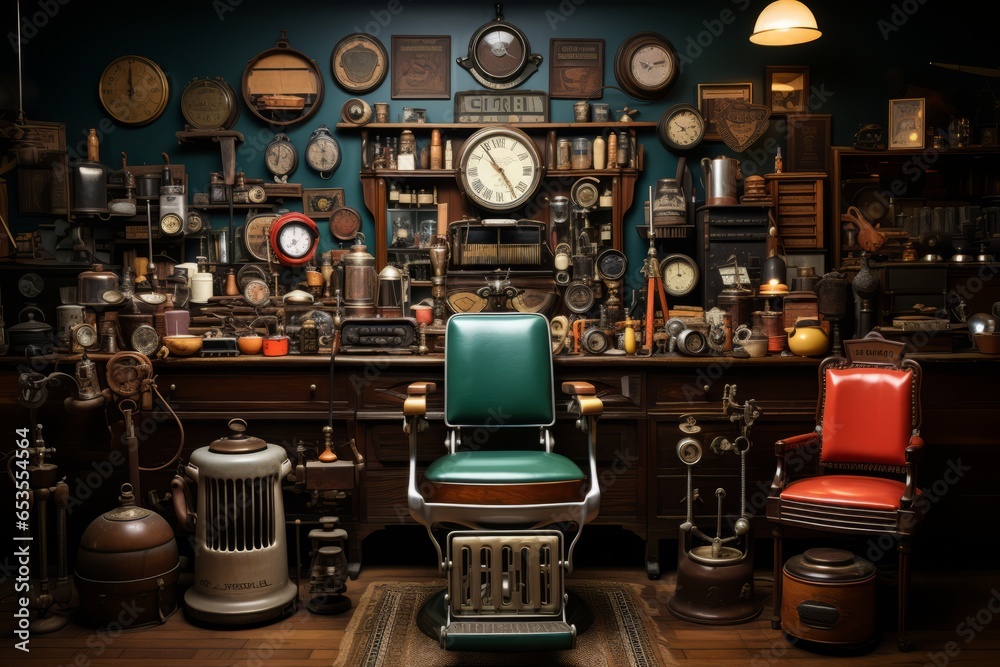 Barber shop's collection of vintage barbering tools and equipment, Generative AI