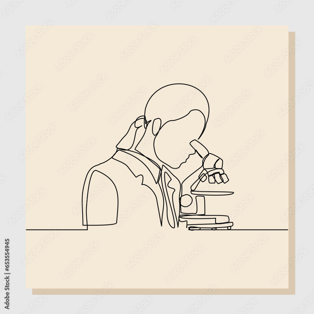 Continuous single line sketch drawing of female scientist analyze using microscope in laboratory. One line concept of science work space. Vector illustration Continuous single line sketch drawing of female scientist analyze using microscope in laboratory. One line concept of science work space. Vector illustration