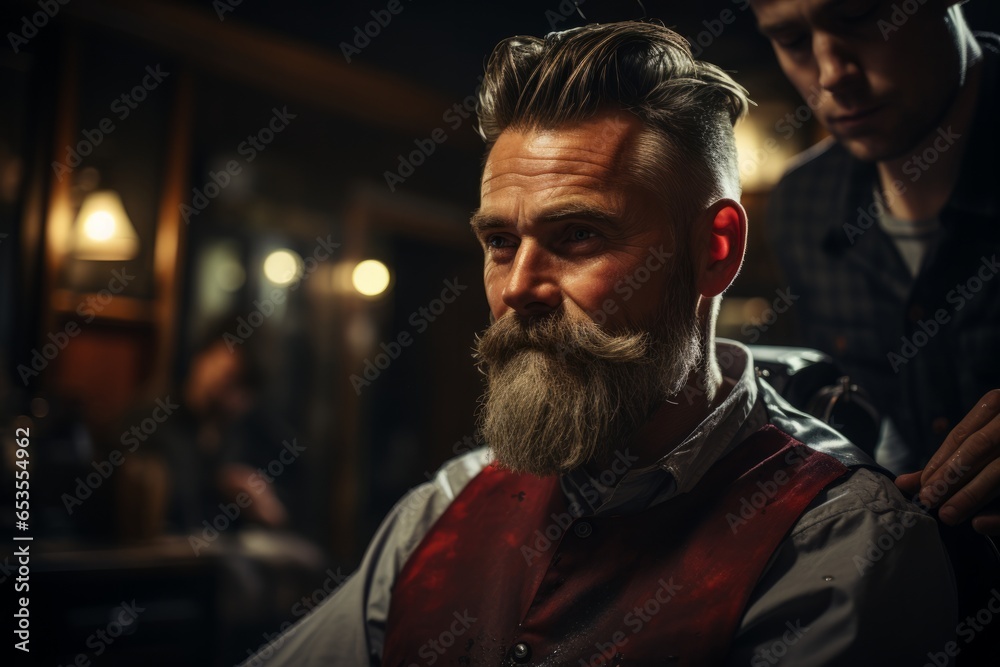 Barber using a classic hot lather brush for a traditional shave, Generative AI