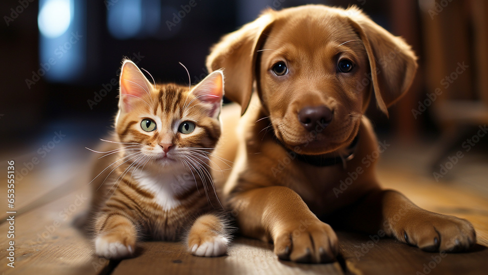 A cat and a puppy relaxing together A cat and a puppy relaxing together