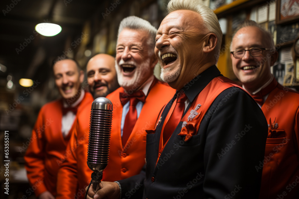 Barbershop quartet singing harmoniously in a classic barber shop, Generative AI Barbershop quartet singing harmoniously in a classic barber shop, Generative AI