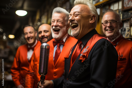 Barbershop quartet singing harmoniously in a classic barber shop, Generative AI © Shooting Star Std