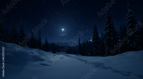 Winter Magic: Full Moon Shining Over a Snow-Covered Forest © Exclusive stock