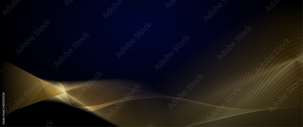 Obraz premium Vector illustration design. Bright gold wave, wavy line pattern. Abstract motion of curve lines, light shiny, glow effect. Element graphic design for technology banner template, wallpaper background