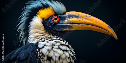 A close up of a black and white toucan with a yellow beak 