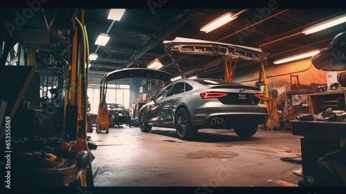 An auto repair shop garage as car mechanics work their magic on a vehicle photo