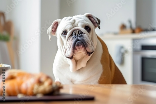 English Bulldog dog sitting in front of kitchen table with roasted chicken or turkey © Firn