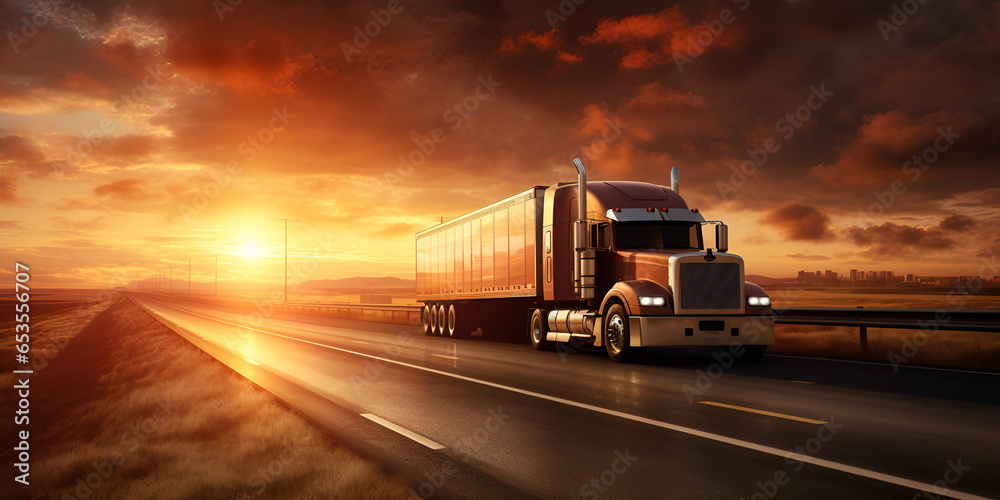 Logistics and truck transportation design for importing and exporting cargo overhead view motion blurred sunset - obrazy, fototapety, plakaty 